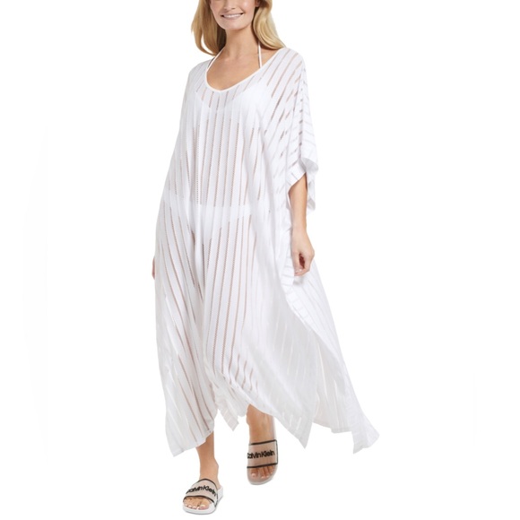 Calvin Klein Striped Maxi Caftan Cover-up in Soft White - Picture 1 of 9